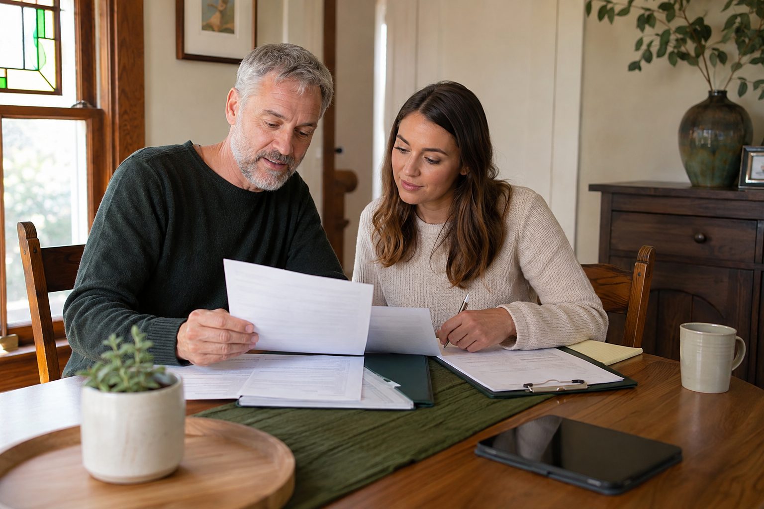 Parent and adult child reviewing mortgage gift-fund documents