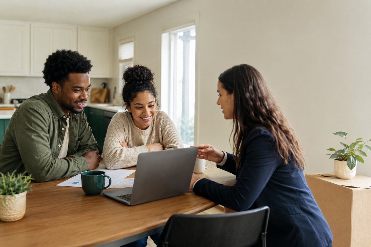 Illustrative scene of home buyers reviewing paperwork and a laptop with an advisor